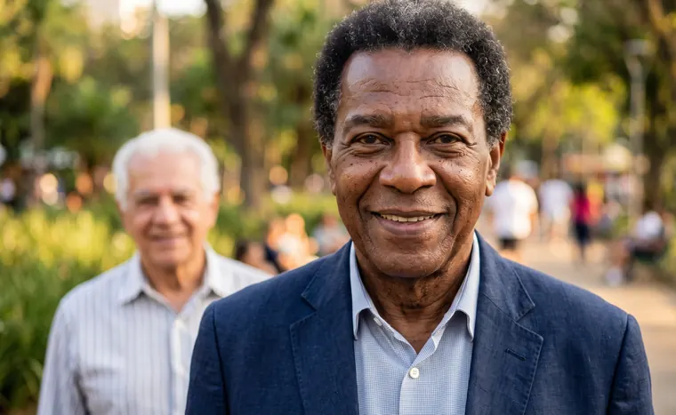 Dois aposentados sorrindo em um parque
